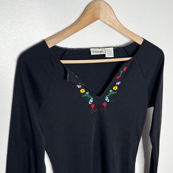 Vintage Y2K Energie Long Sleeve Embroidered Tee Womens Medium Black Floral - Picture 3 of 10
